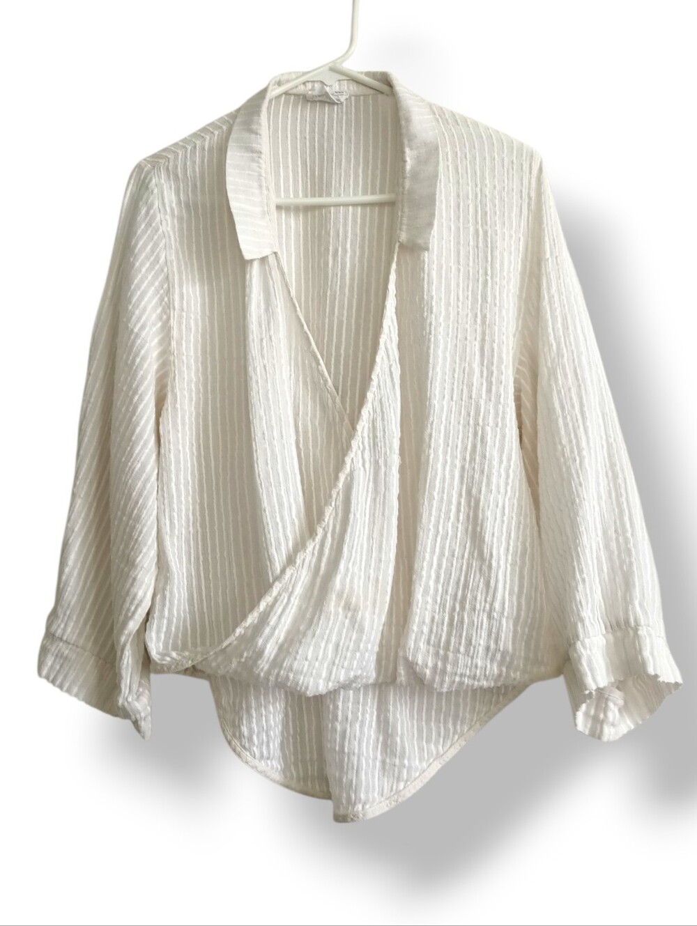 The Handloom Relaxed White Textured Wrap-Front Blouse Flowy Beach Pirate Stripes